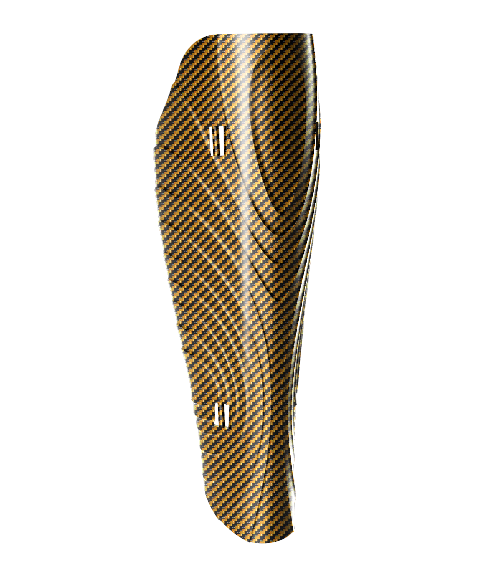 A prosthetic leg cover in a gold a wave design